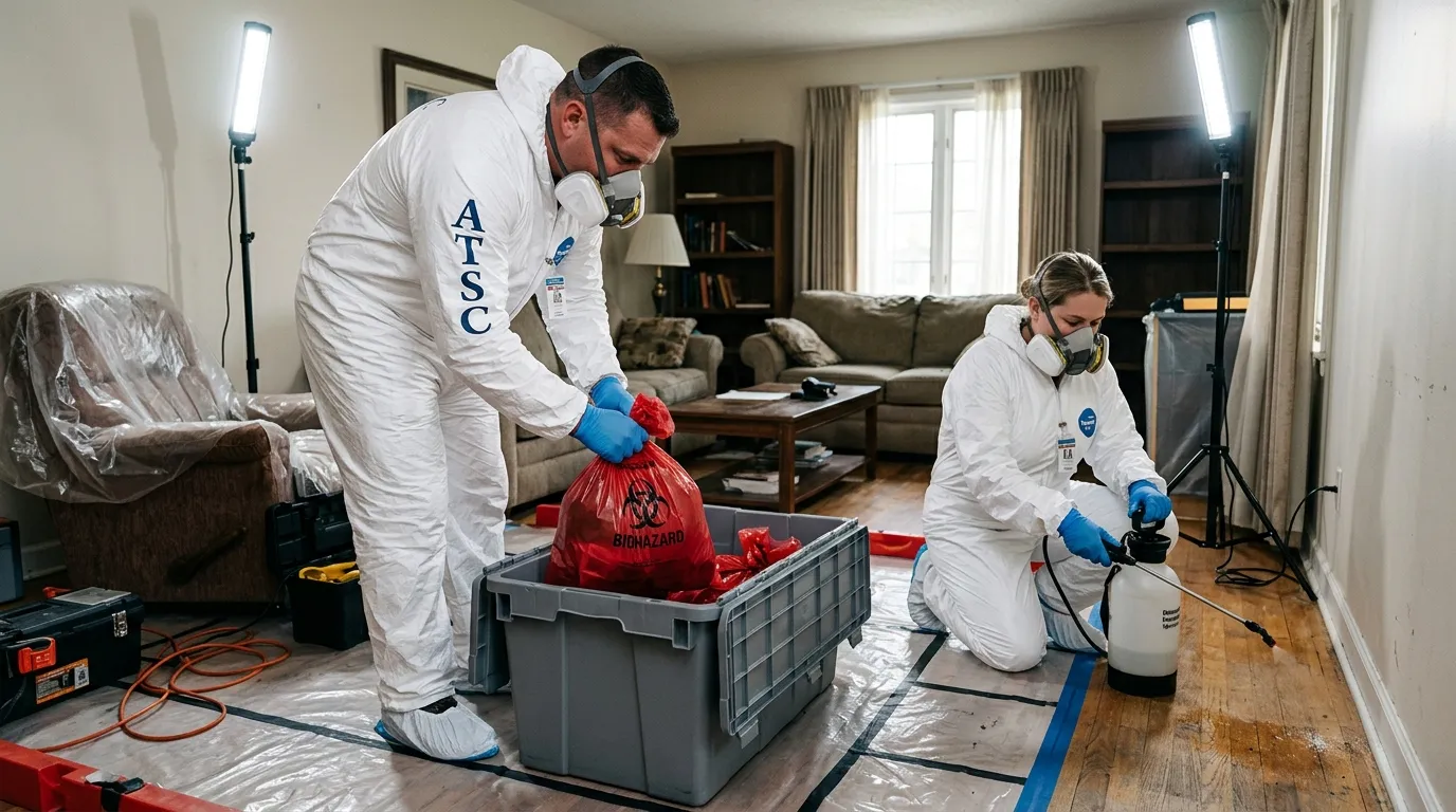 Professional Hazmat Cleanup technician in full PPE working in Avondale